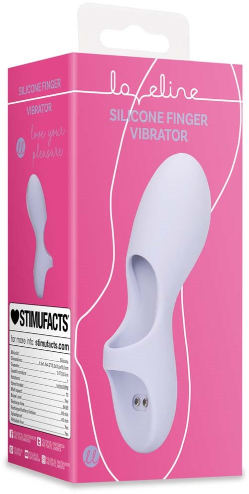 rosa Verpackung zeigt einen weißen Silikon-Finger-Vibrator mit zwei Knöpfen. Text sagt "Silicone Finger Vibrator" und "Love You Always."