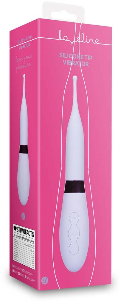 Pinkverpackung für einen Silikontip-Vibrator mit Tasten und Kabel.
