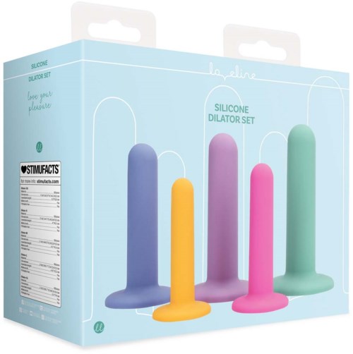 Eine Schachtel enthält vier bunte Silikon-Dildos in Blau, Gelb, Rosa und Grün. Die Schachtel hat Produktinformationen.