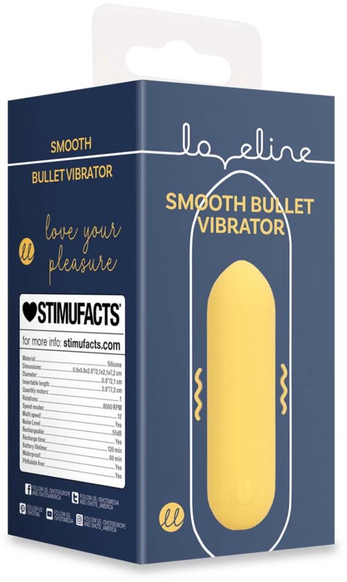 Eine blaue Schachtel mit Gelb Vibrator-Illustration und Text, bewirbt glatten Bullet-Vibrator für Vergnügen.