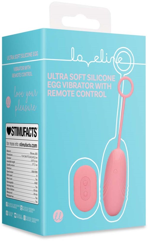 Ein rosa Silikon-Ei-Vibrator mit Fernbedienung, Verpackung zeigt Produkt und Markenname.