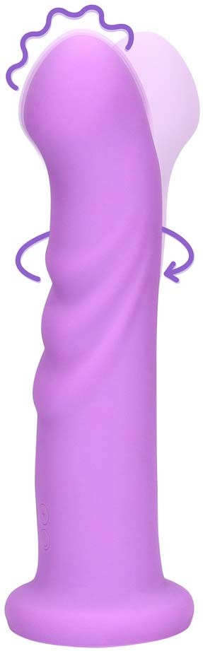 Ein lila, realistisch aussehender Dildo mit gebogener Form und strukturierter Oberfläche, mit Vibrationsmechanismus.