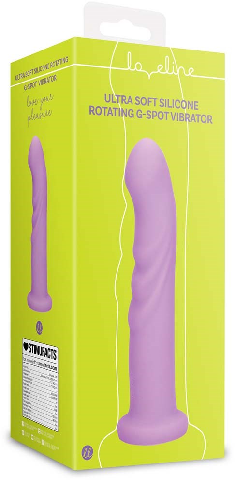 Hellgrüne Verpackung mit lila Vibratorzeichnung, bezeichnet als weicher Silikon rotierender G-Punkt Vibrator.