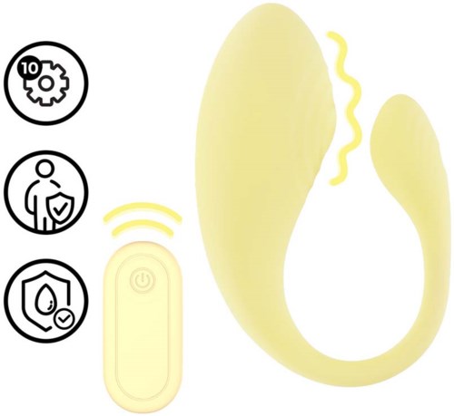 Drahtlose Vorrichtung mit gebogener Form, Fernbedienung und Symbole für Einstellungen, Schutz und Wasserdichtigkeit.