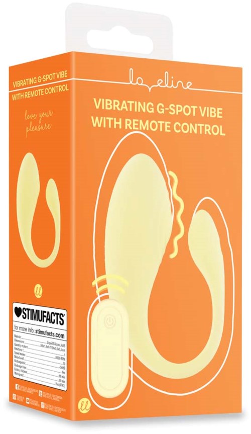 Oranger Karton mit Klemme zeigt einen Vibrations-G-Punkt-Vibrator und Fernbedienung. Die Box hat einfache Linienzeichnung.