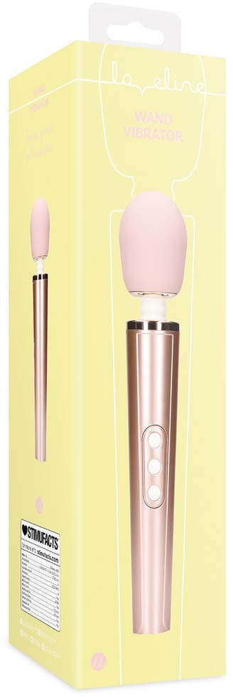 Ein rosa Personal-Massagegerät mit Bedientaste, in gelber Verpackung, verbunden mit Ladekabel.