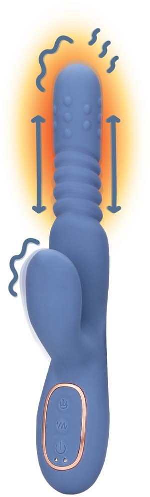Ein blauer Vibrator mit verschiedenen Texturen, Tasten am Boden und Pfeile, die Bewegung anzeigen.