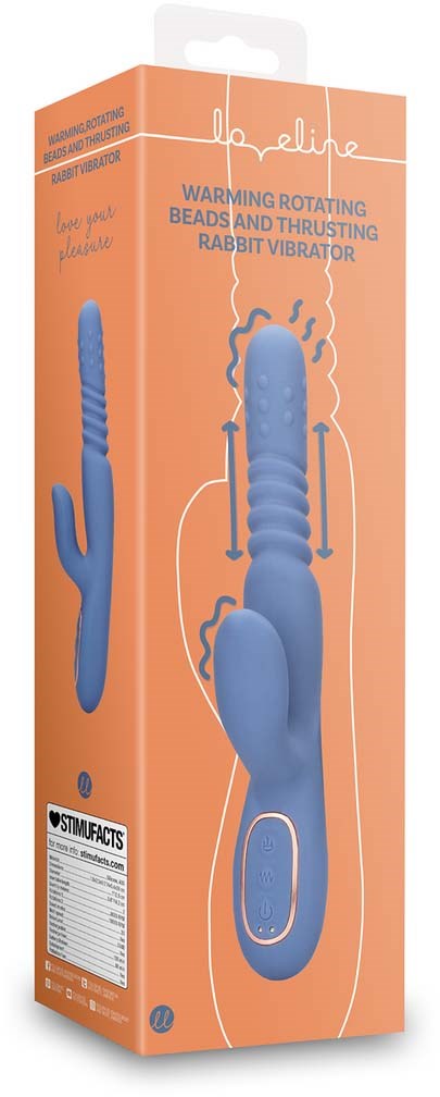 Ein blauer Katzenvibrator mit strukturierter Form und Wärmfunktion, in orange Verpackung die Funktionen zeigt.