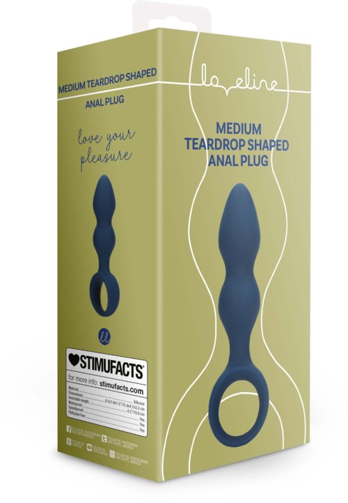 Ein tealfarbener, tränenförmiger Analdildo in der Verpackung, mit Text und Branding auf hellgrünem Hintergrund.