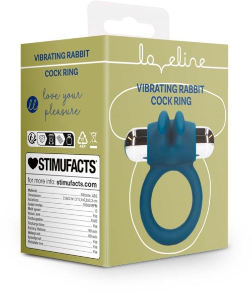 Verpackung eines vibrierenden Hasen-Penisrings, blau und schwarz, mit Marken- und Instruktionsangaben.