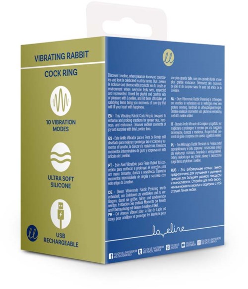 Verpackung zeigt ein vibrierendes Kaninchen mit Pesserring, 10 Vibrationsmodi, ultraleichtes Silikon und wiederaufladbar per USB.
