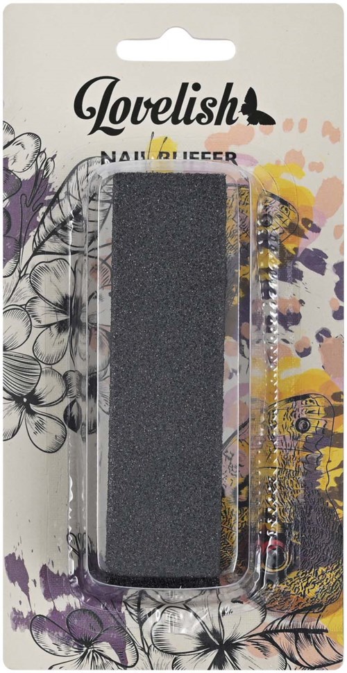 Een zwarte nagelvijl, verpakt met bloemen en kleurrijk abstracte kunst op de achterkaart.