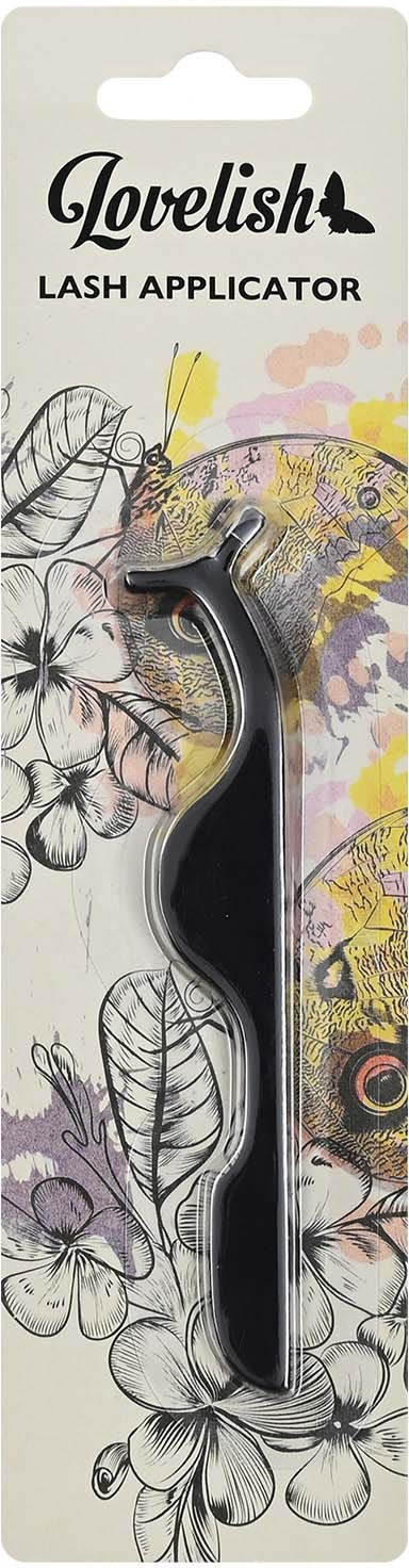 Een zwarte wimperapplicator in een verpakking met bloemen- en vlinderontwerpen en de merknaam "Lovelish".