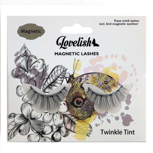 Magnetische valse mink-wimpers met vlinder- en bloemenpatroon op de verpakking. Bevat magnetische eyeliner en wimperapplicator.