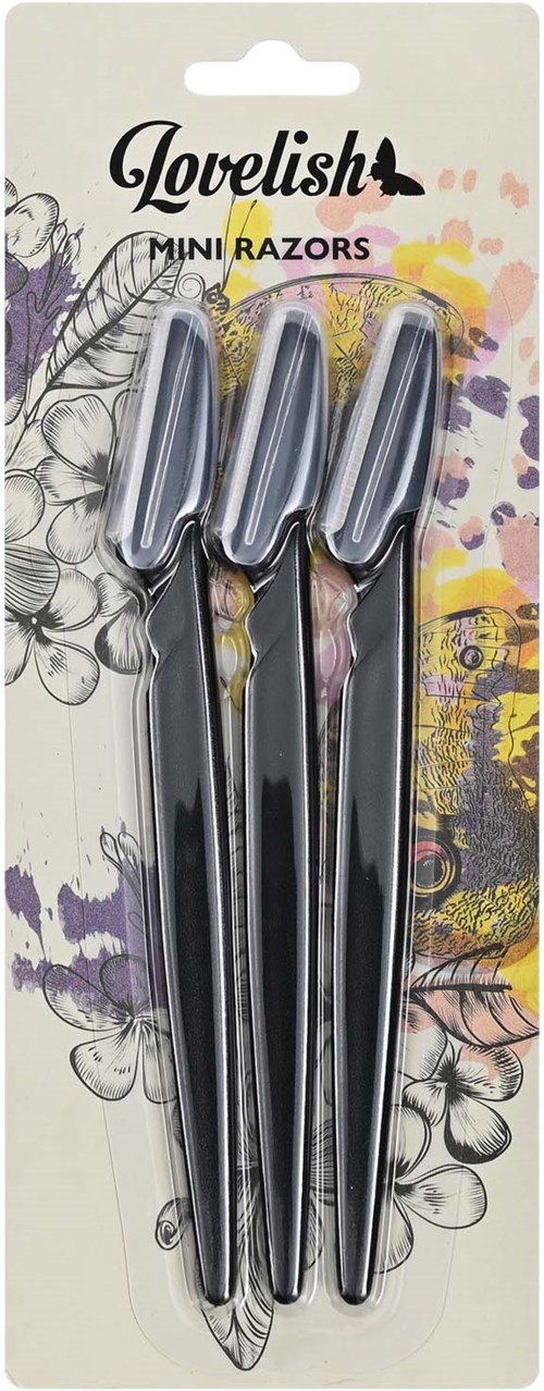 Drie metalen mini scheermessen met kleurrijke handgrepen in verpakking gemarkeerd "LoveLish Mini Razors."