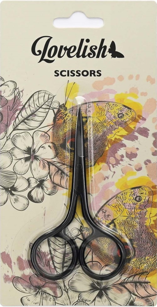 Kleine scharen met zwarte handvatten in verpakking met bloemen- en vlinderafbeeldingen, gemarkeerd "LoveLish."