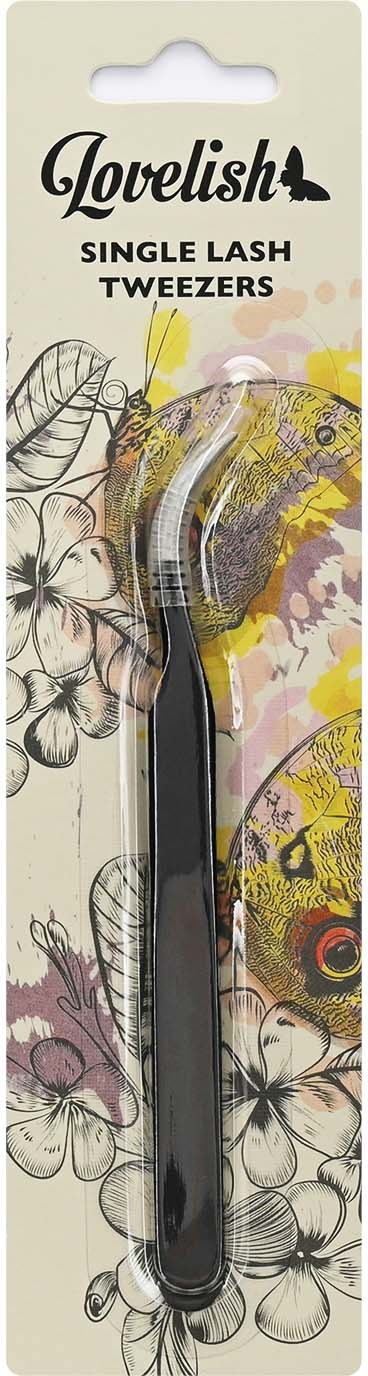 Een zwarte pincet met een gebogen punt, verpakt in een bloemen- en gele achtergrondkaart, gemerkt 'Lovelish Single Lash Tweezers.'