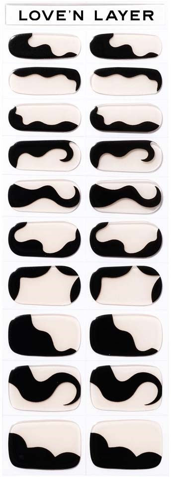 A package of black and white nail stickers with various wavy and curved shapes, labeled 'LOVE'N LAYER.'