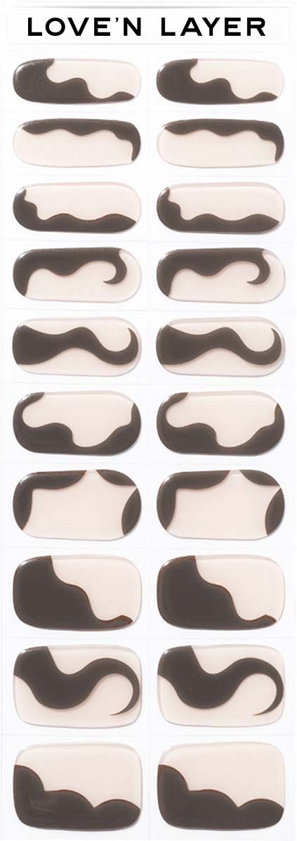 A vertical strip of 15 stickers with black and beige abstract shapes and the words "LOVE'N LAYER" at the top.
