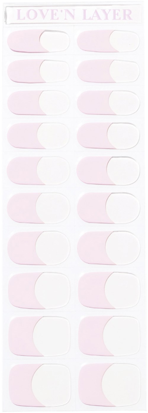 Låda med rosa och vita konstnaglar, märkt 'Love'n Layer'.