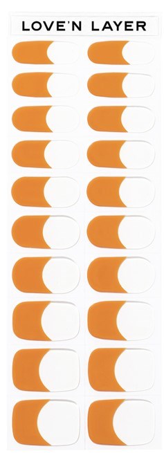 Rader av orange och vita kapslar under texten 'LOVE'N LAYER', kanske etiketter för medicin eller kosttillskott.