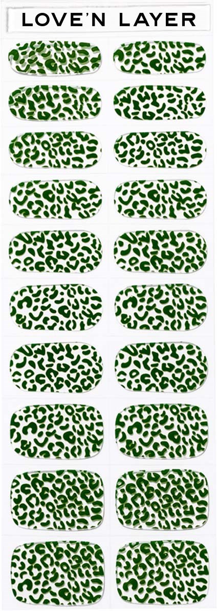 Green leopard print nail stickers arranged in rows with the label 'LOVE'N LAYER' at top.