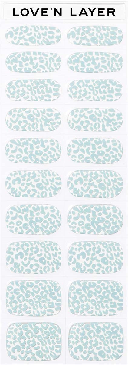A sheet with multiple nail art designs called 'Love'n Layer,' each with blue and white leopard-like patterns.