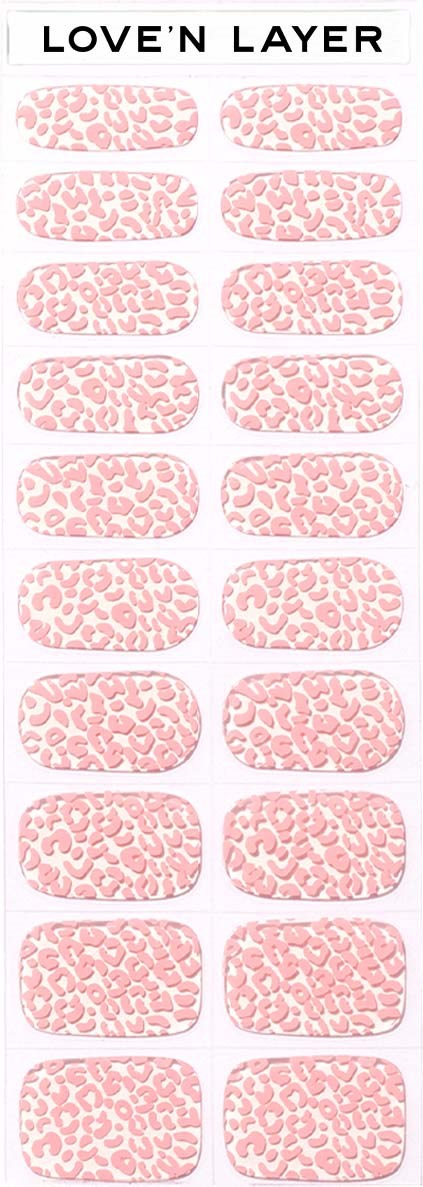 A package of pink and white leopard print nail stickers with 20 pieces and the label "Love'n Layer".