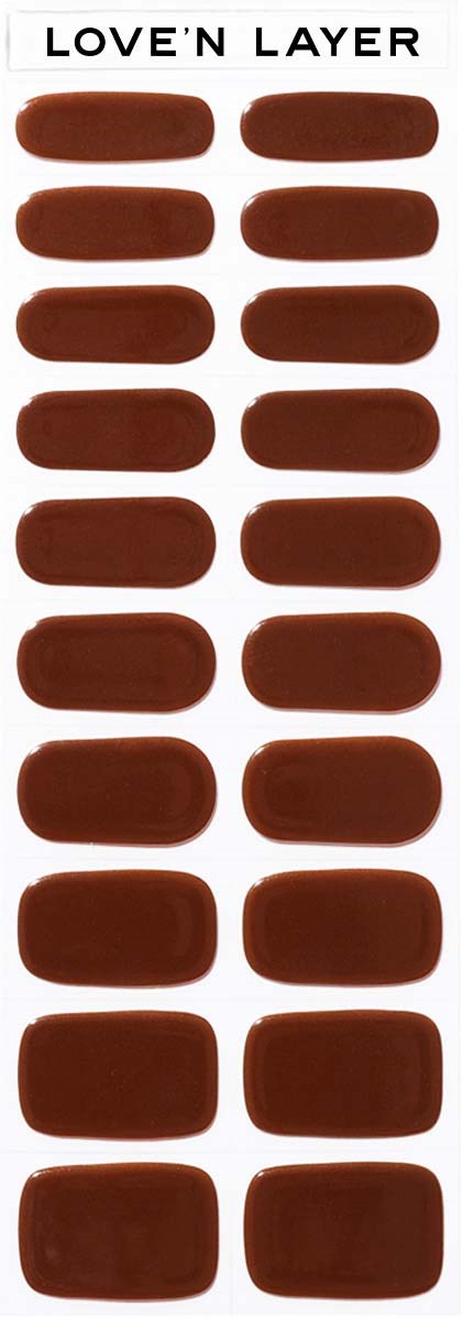 A strip of multiple brown nail polish color samples labeled 'LOVE'N LAYER.'
