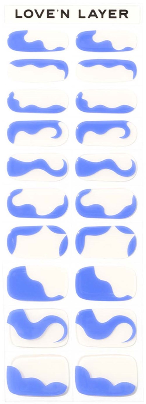 Multiple blue and white abstract shapes arranged in vertical columns. Text says "LOVE'N LAYER" at the top.