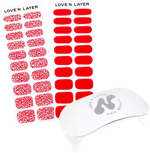 Red nail stickers with leopard and plain designs, and a white nail gel container with the brand name.