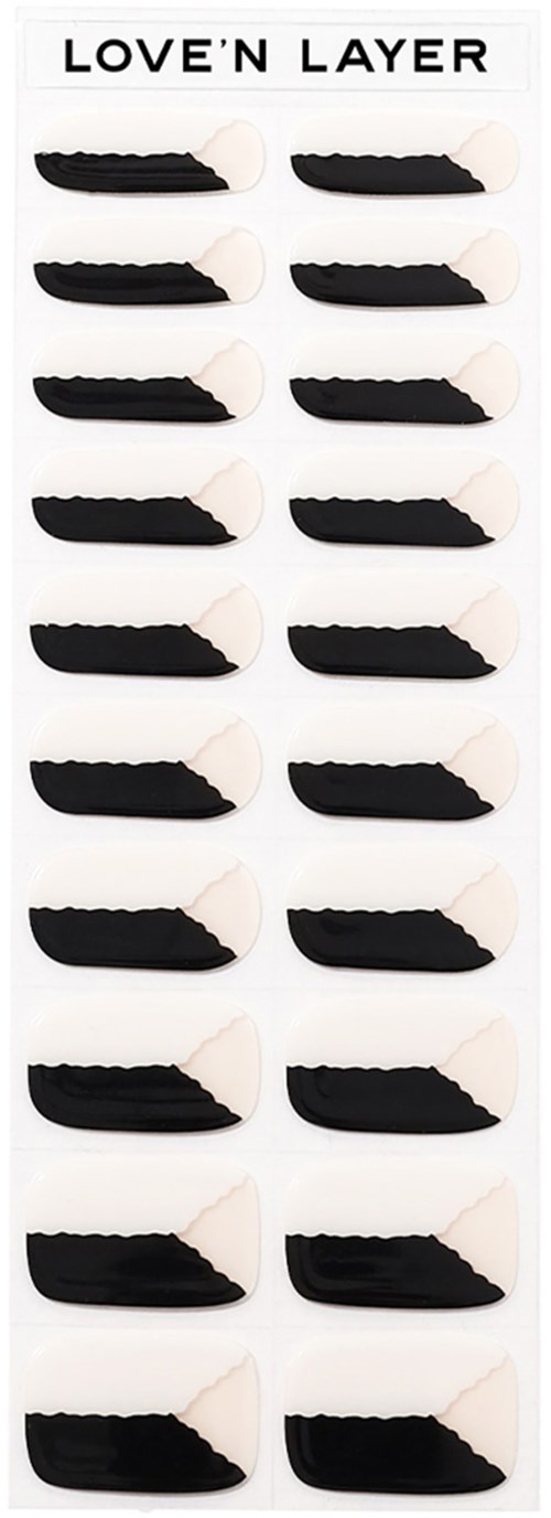 Set of 20 black and white adhesive nail tips stacked on a card labeled "Love'n Layer."