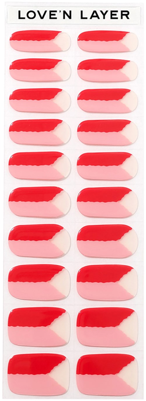 Sets of red and pink nail polish strips labeled "LOVE'N LAYER" on a white background.
