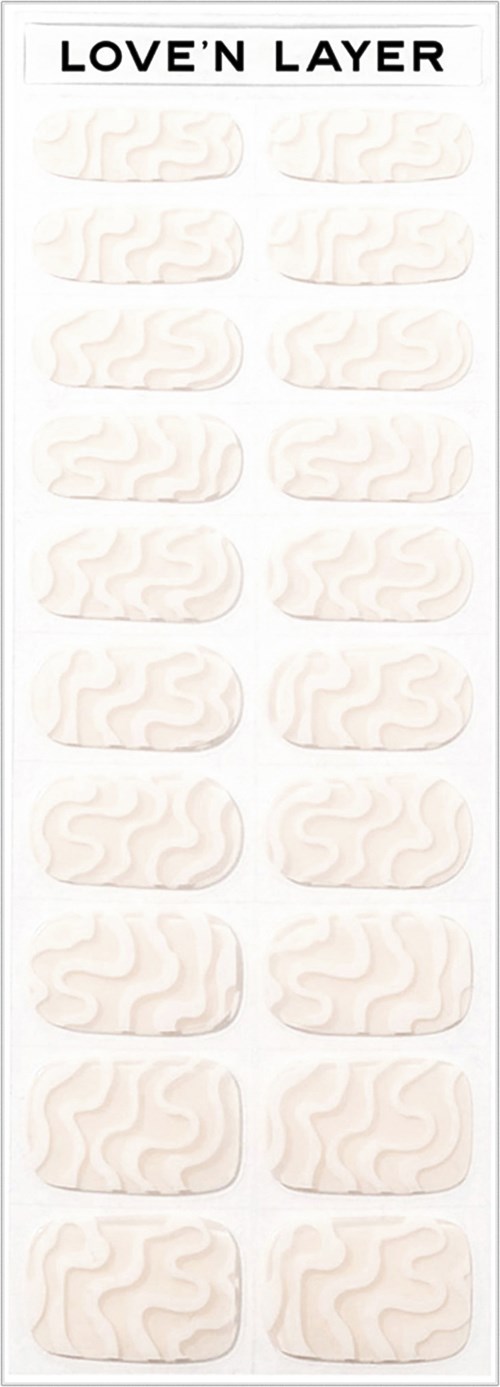 A set of white skincare patches labeled 'LOVE'N LAYER,' arranged in two columns on a packaging background.