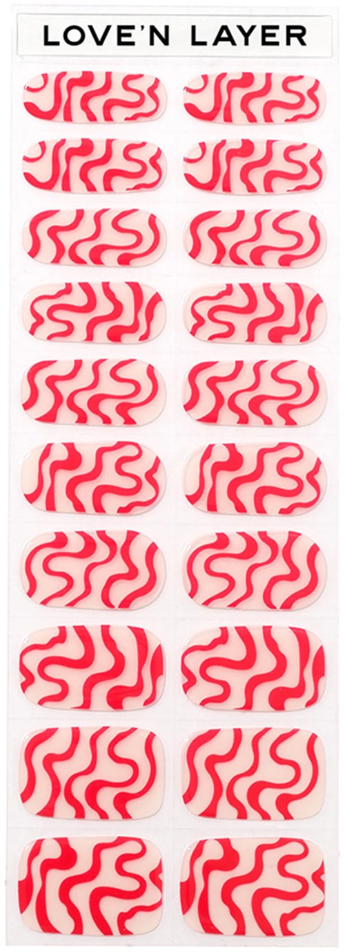 A sheet of red and white decorative stickers with wavy patterns, labeled 'LOVE'N LAYER' at the top.