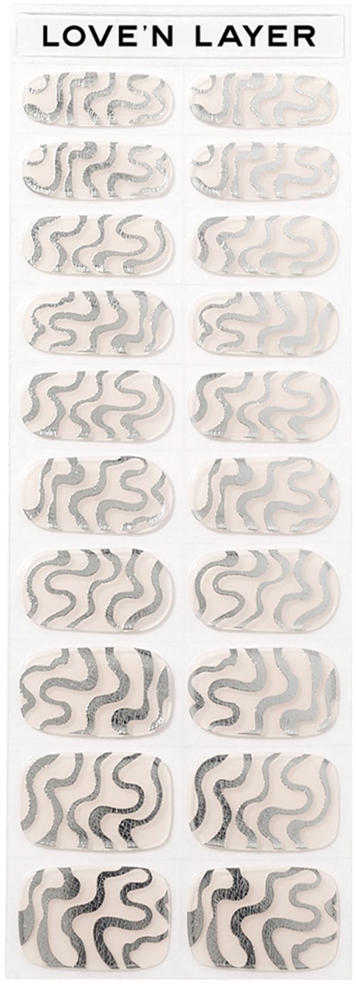 Nail stickers with wavy black and white patterns, arranged in two columns on a sheet labeled "Love'n Layer."