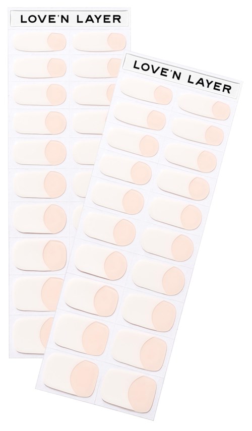 Two sheets of skin-colored adhesive patches labeled 'LOVE'N LAYER' have multiple strips for placement.