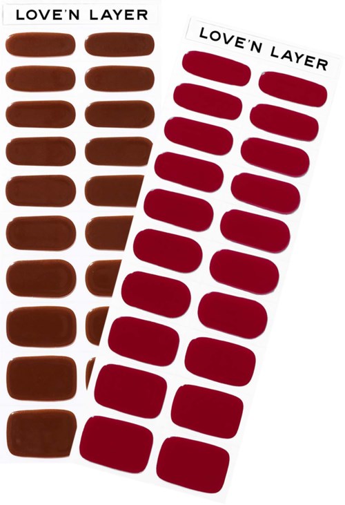 Two sheets of nail sticker strips, one brown and one dark red, labeled 'LOVE'N LAYER'.