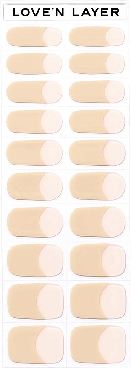 Flera beige och vita kapslar är arrangerade i fyra kolumner, märkt 'LOVE'N LAYER' högst upp.