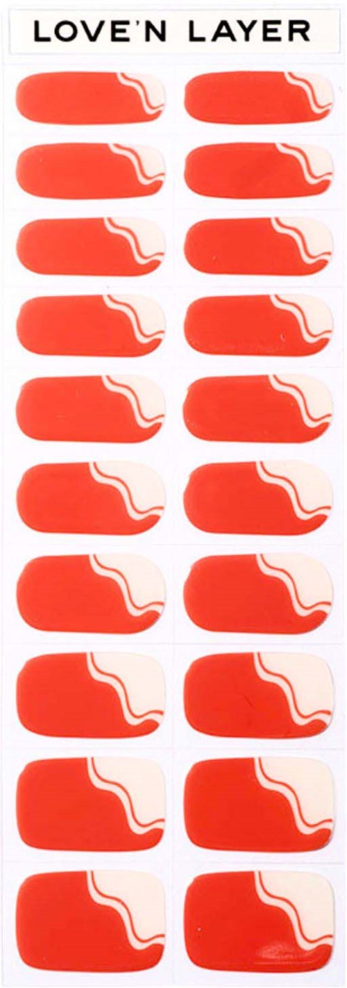 A strip of stickers shows a red nail polish layer with white accents, titled "LOVE'N LAYER" at the top.