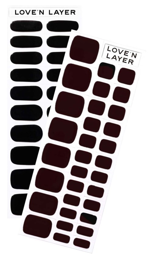 Two sheets of nail stickers, one with black and the other with dark red designs, labeled 'LOVE'N LAYER' at the top.