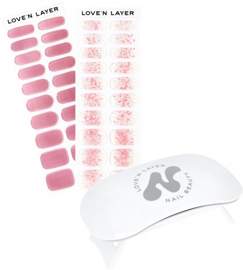 Nail polish swatches showing different shades and textures, with a white UV nail light device. The text reads "LOVE'N LAYER".