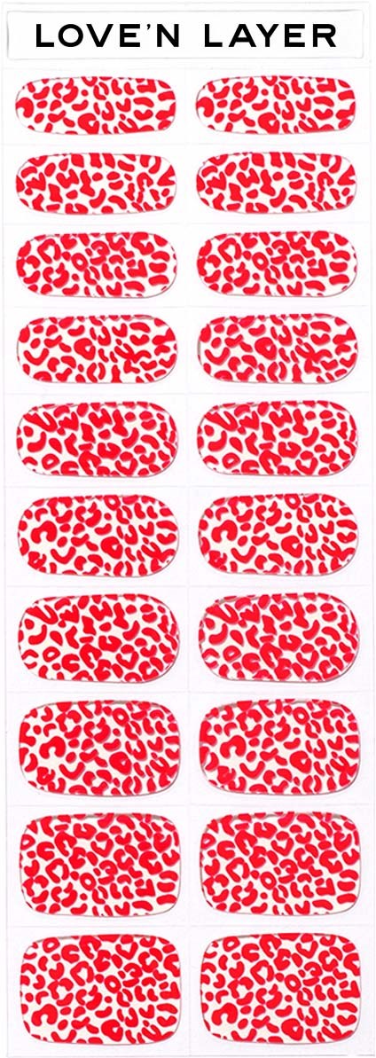 Sheets of red leopard print nail stickers arranged in two columns, all labeled "LOVE'N LAYER" at top.