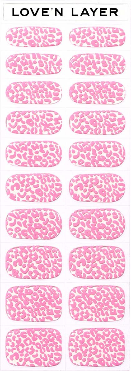 A sheet of pink leopard print nail stickers with the label 'LOVE'N LAYER' at the top.