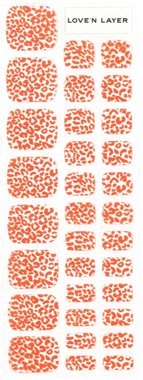 A set of orange leopard print nail designs with different shapes and sizes, titled "LOVE'N LAYER".
