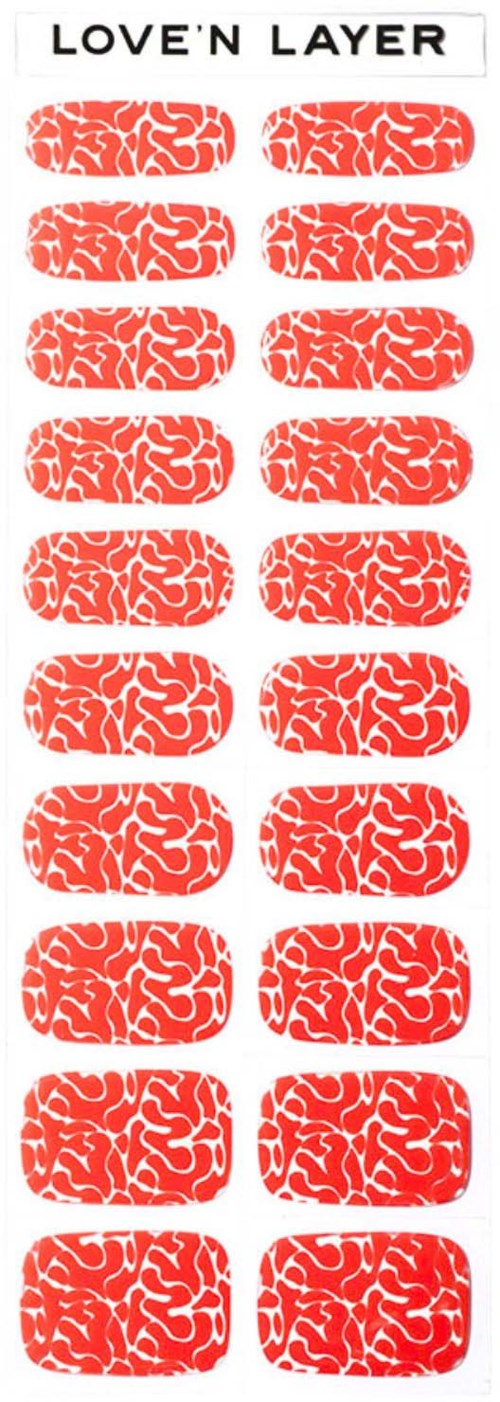 A sticker sheet with multiple red love-themed abstract designs, labeled 'LOVE'N LAYER' at the top.
