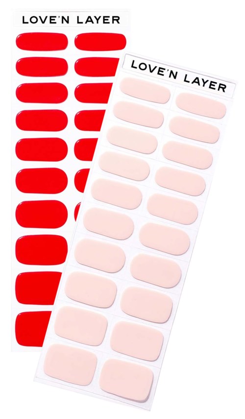 Two sheets of adhesive nail accent stickers, one red and one pale pink, with 15 shapes each.