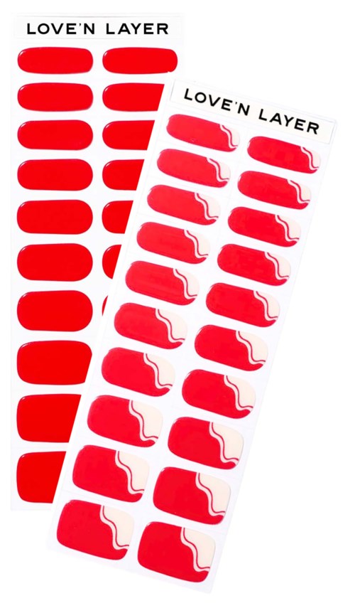 Two sheets of red and white nail stickers labeled 'Love'n Layer' with different designs, some with wavy lines.