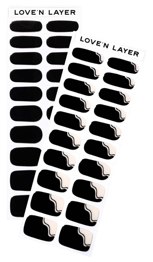 Two sheets of black and white sticker labels with the words "LOVE'N LAYER" at the top.