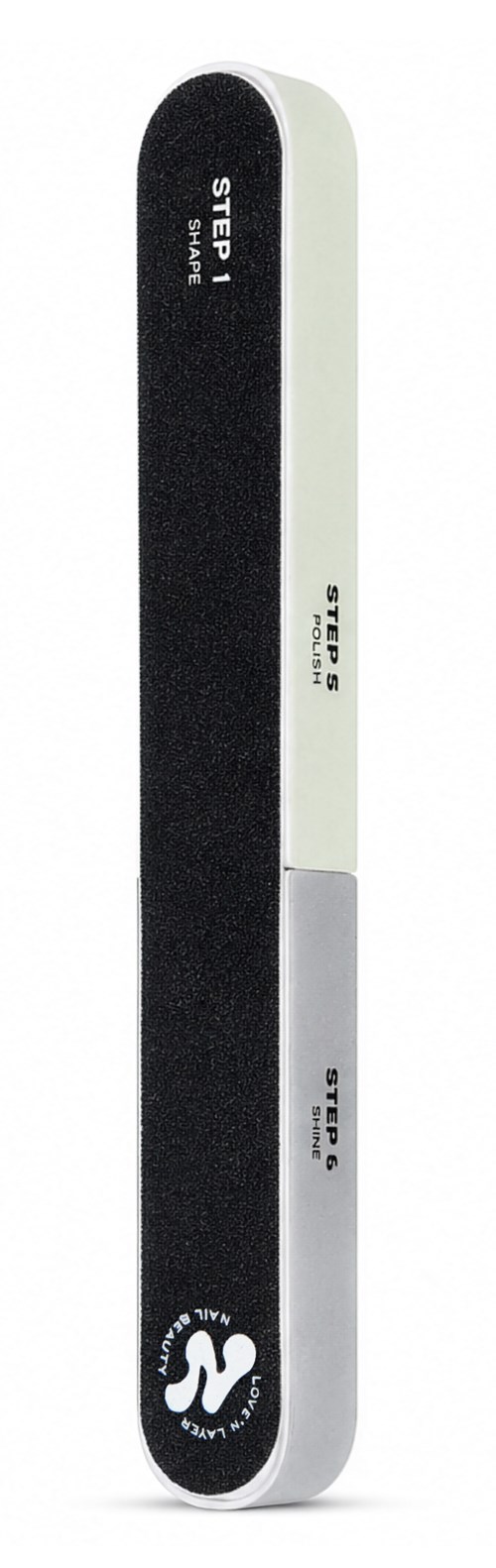 A nail file with a white body, black abrasive side, and a logo at the bottom, designed for shaping nails.